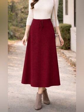 Ines de la Fressange Classic Wool Blend Longline Drawstring Maroon Maxi Skirt